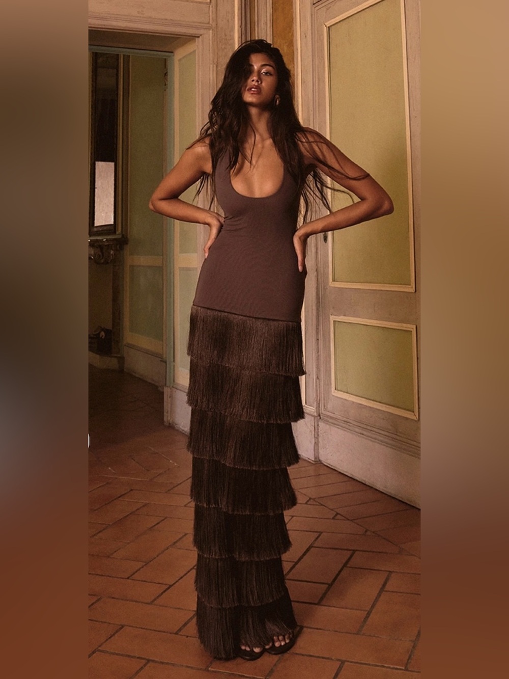 Dramatic & Sexy Chocolate Brown Tiered Fringe Maxi Skirt NWT